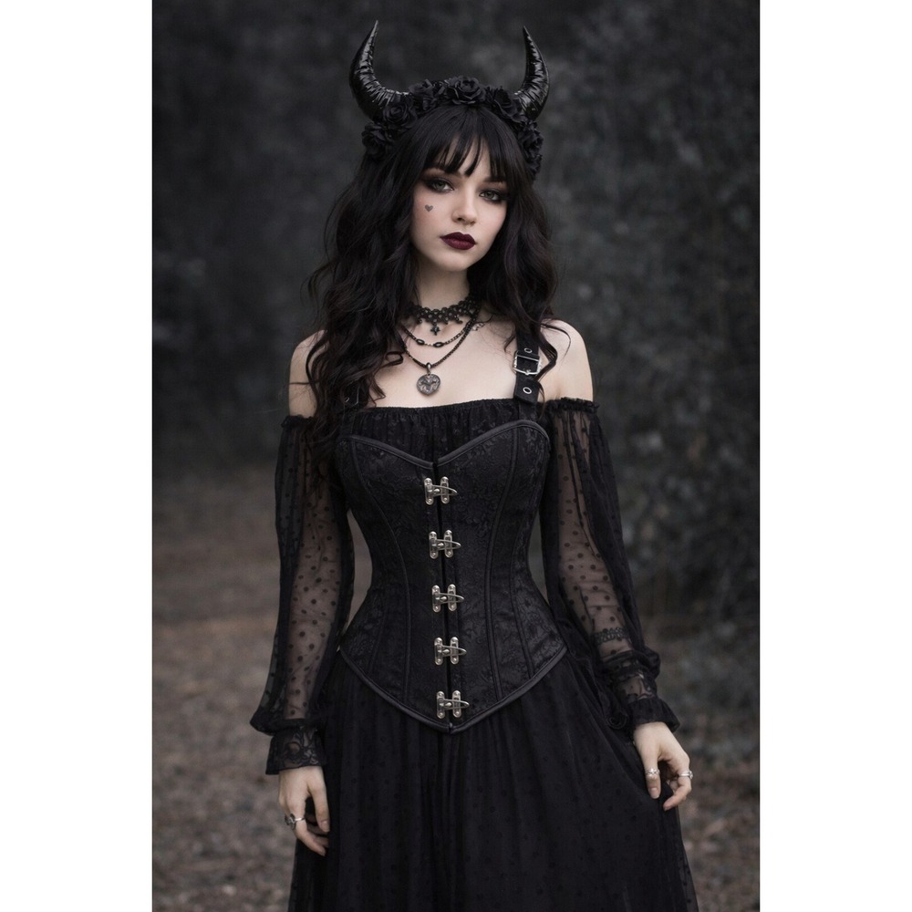 Charmian Corset Vest Women M Black Gothic Steampunk Brocade Steel Boned Cincher